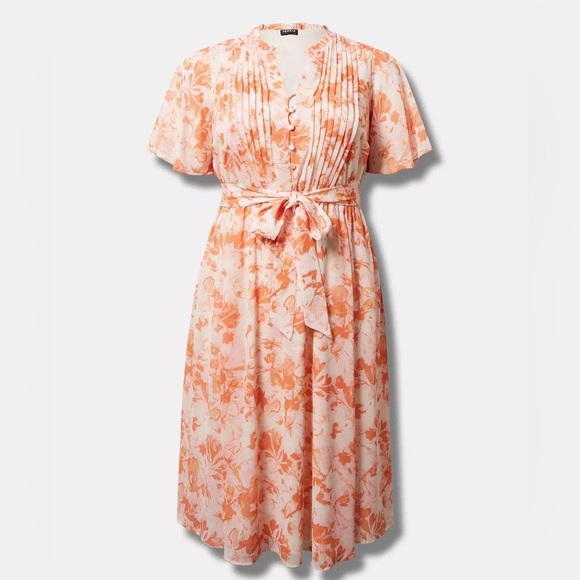 Torrid Midi Chiffon Ruffle Neck Pintuck Dress- size 2 - Picture 3 of 14